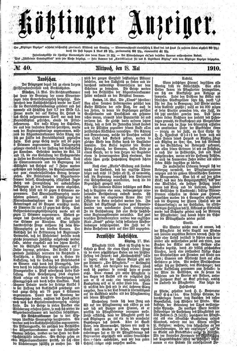 Ausschnitt des Kötztinger Anzeigers  über den  Pfingstritt 1910